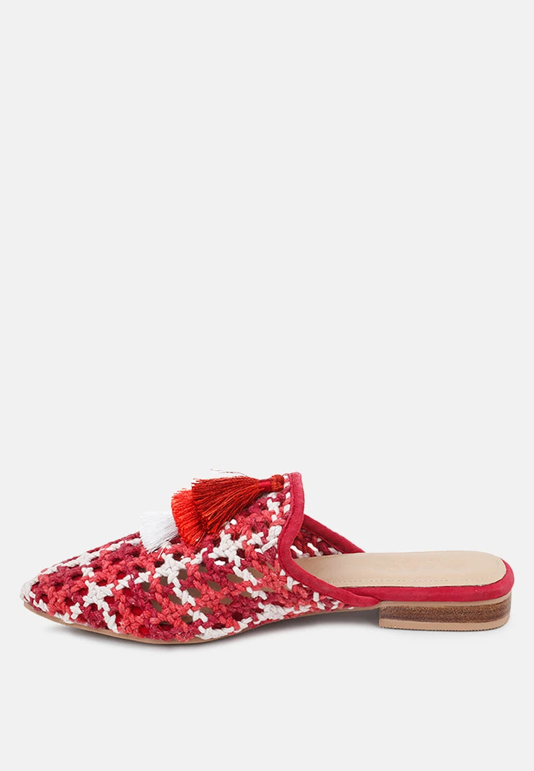 MARIANA Red Woven Flat Mules With Tassels - Image 4