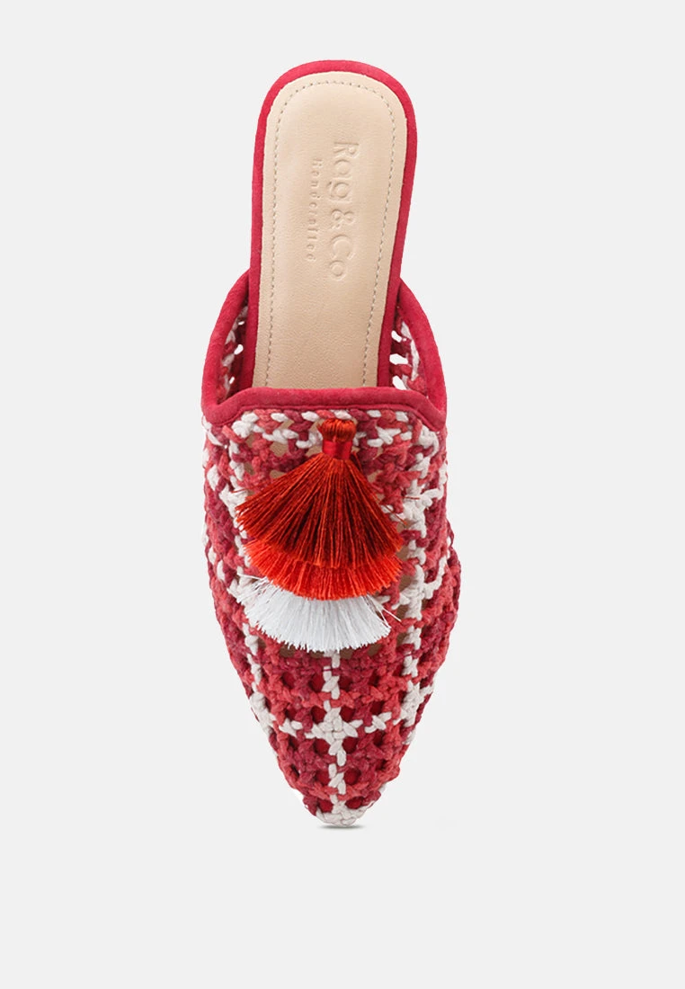 MARIANA Red Woven Flat Mules With Tassels - Image 6