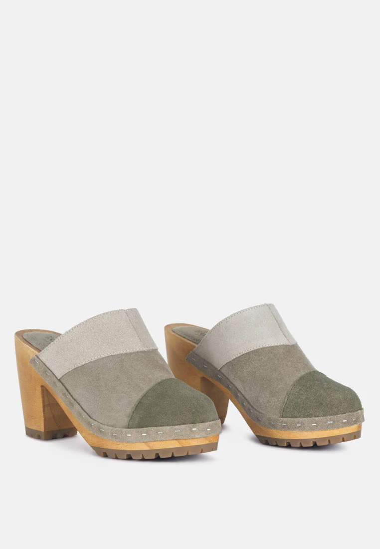 OCHROMA Vintage Patchwork Suede Mule Clogs In Olive