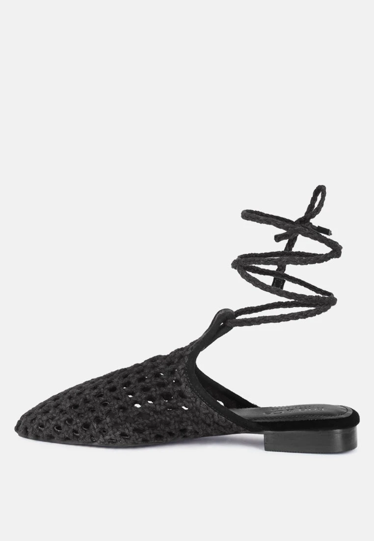 TUTSI Black Handwoven Honeycomb Tie Up Flat Mules - Image 4