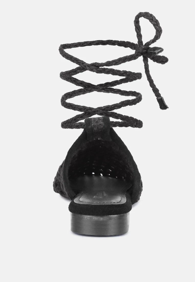 TUTSI Black Handwoven Honeycomb Tie Up Flat Mules - Image 5