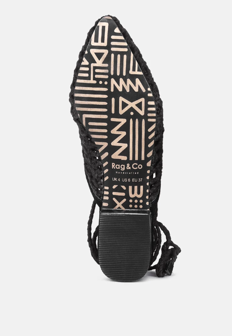 TUTSI Black Handwoven Honeycomb Tie Up Flat Mules - Image 6