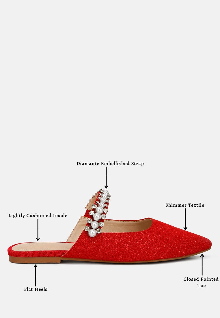 GEODE Pearl Embellished Slip On Mules In Red - Image 8