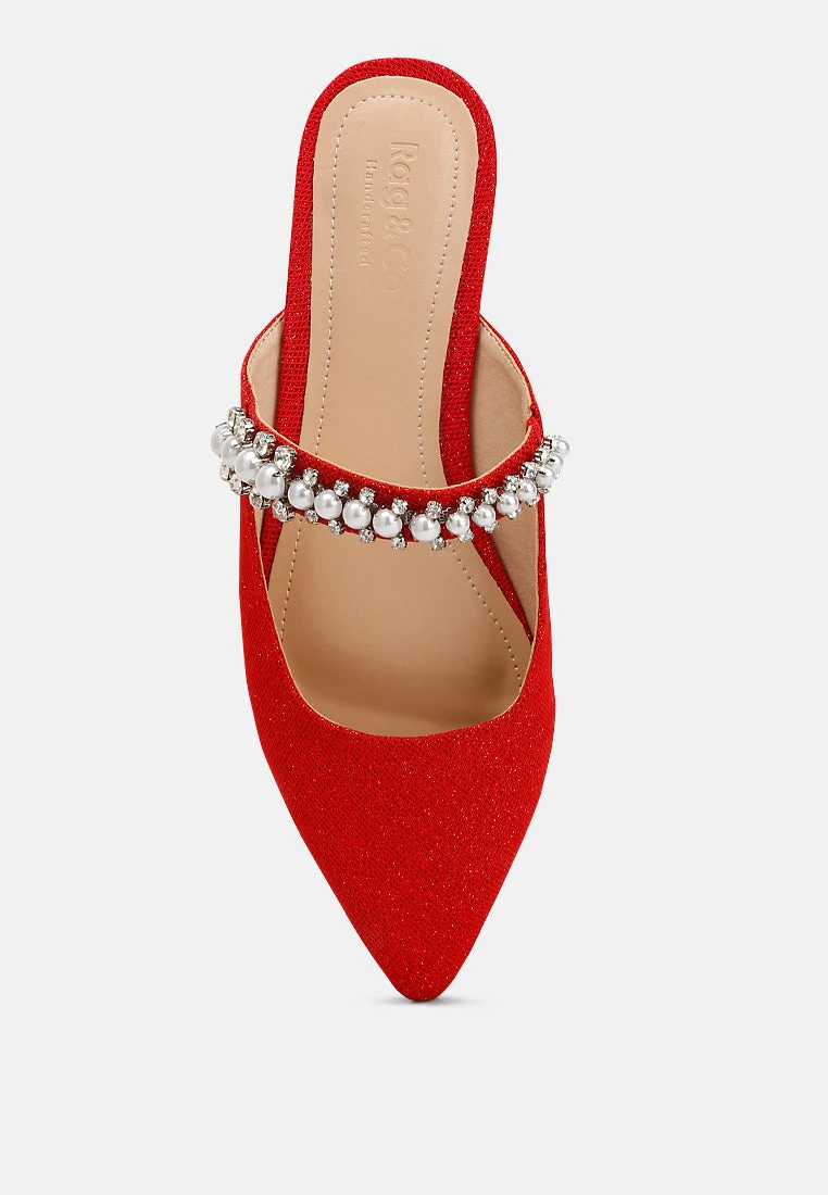 GEODE Pearl Embellished Slip On Mules In Red - Image 6