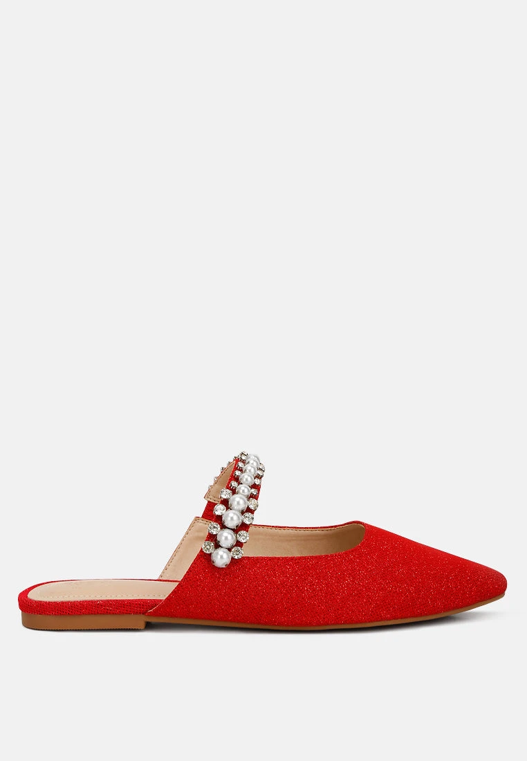 GEODE Pearl Embellished Slip On Mules In Red - Image 2