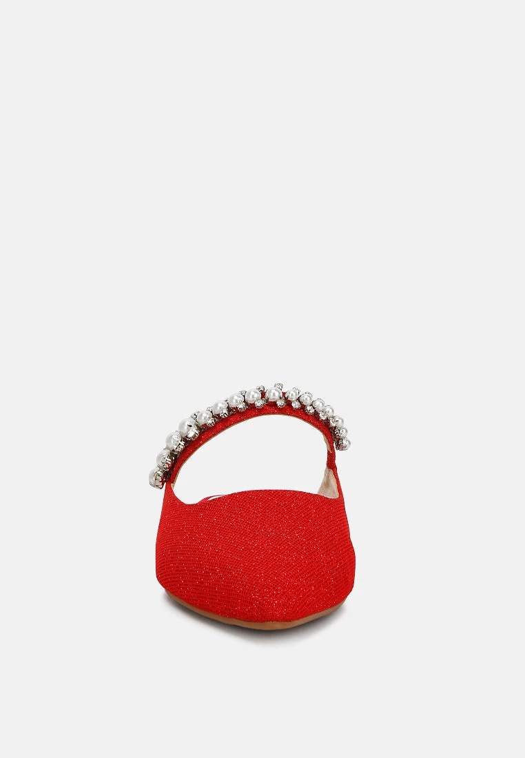GEODE Pearl Embellished Slip On Mules In Red - Image 3