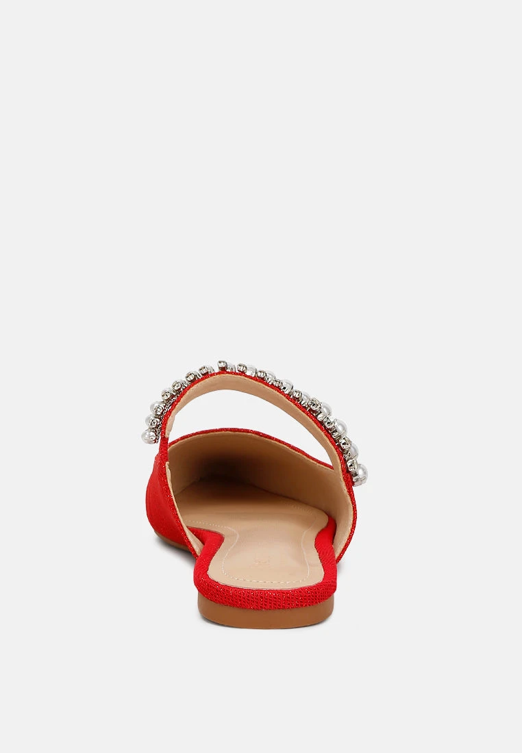 GEODE Pearl Embellished Slip On Mules In Red - Image 5